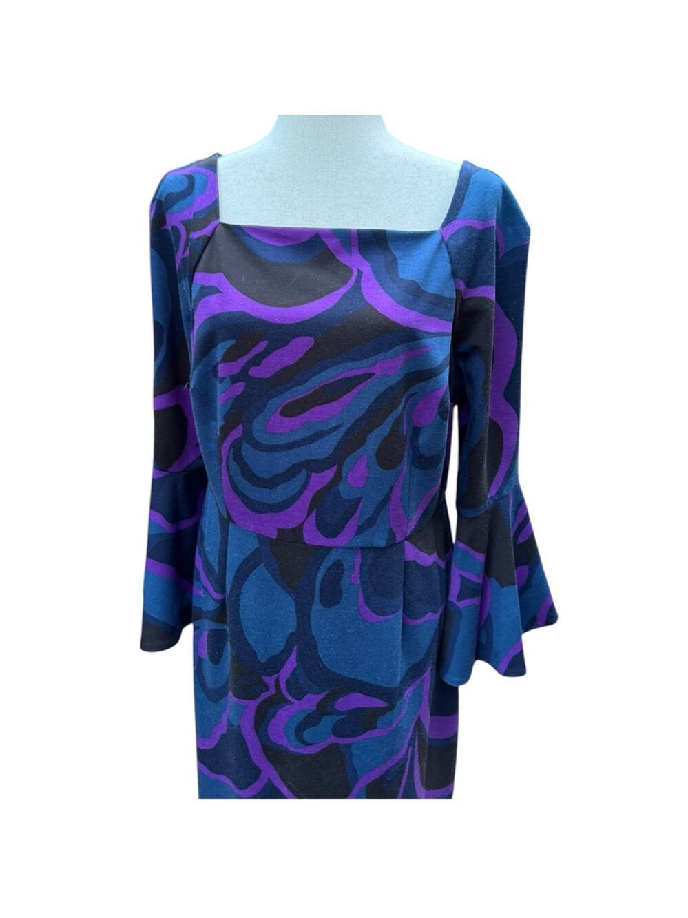 Trina Turk Size 14 Bell Sleeve Dress | Purple & Blue Swirl Geometric Mod Print - Picture 5 of 11